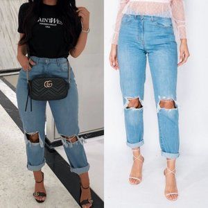 High Waist Ripped Distressed Cuff Boyfriend Jeans